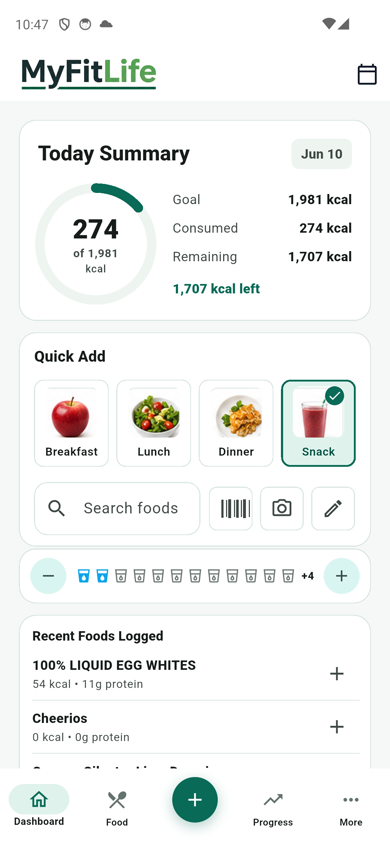 MyFitLife dashboard with quick food logging, hydration, and recent foods