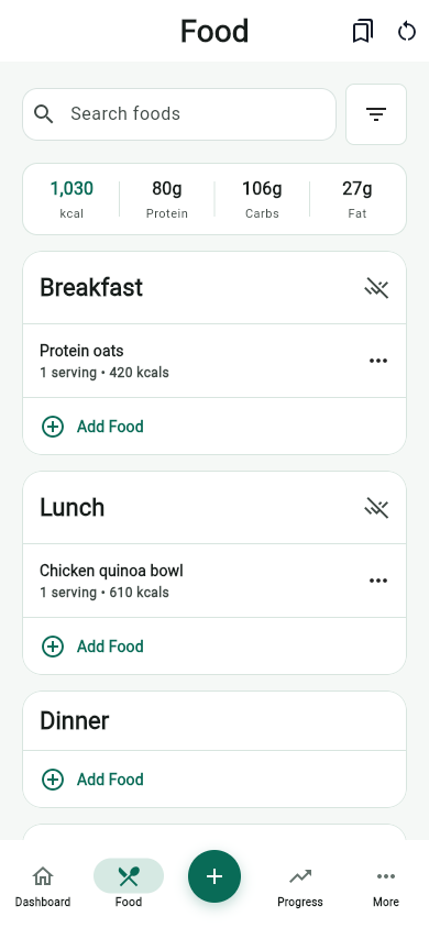MyFitLife food screen with logged meal groups, calories, and macro totals